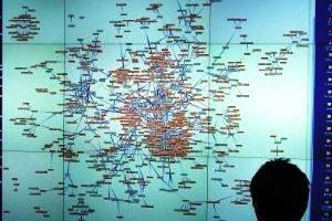 喜連川優教授の研究室にある大型ディスプレーに、ウエブアーカイブによる「情報地図」が映し出された